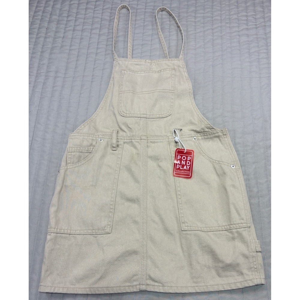 Forever 21 Womens Khaki Tan Cotton Woven Overall Dress Mini Pinafore Small NEW